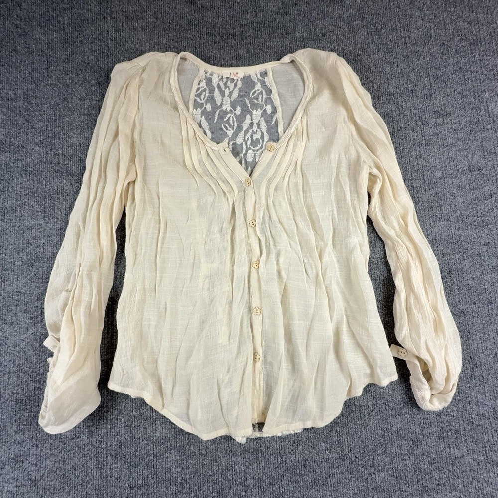 E&M Blouse Womens Medium White Lace Back Button V Neck Long Sleeve Top Sheer